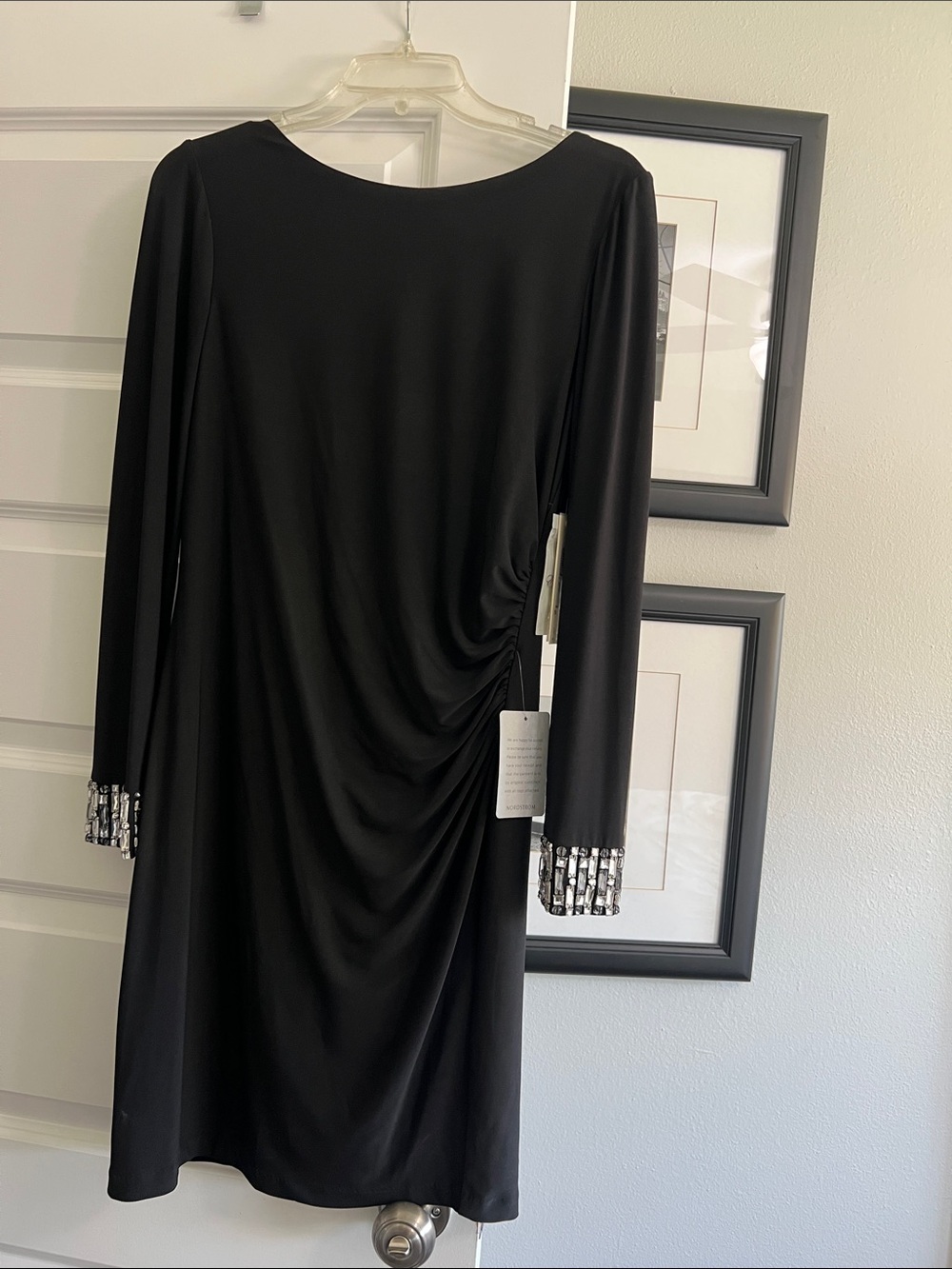 Eliza J Elegant Black Long-Sleeve Ruched Dress with Beaded Cuffs NWT